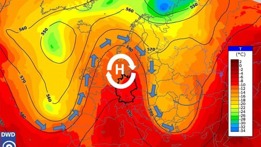 A stationary area of high pressure in the mid-troposphere (roughly 5.5 km altitude) stretches from North Africa across Western Europe to Scandinavia. Due to its resemblance to the Greek letter omega – Ω – meteorologists refer this as an “omega block”.